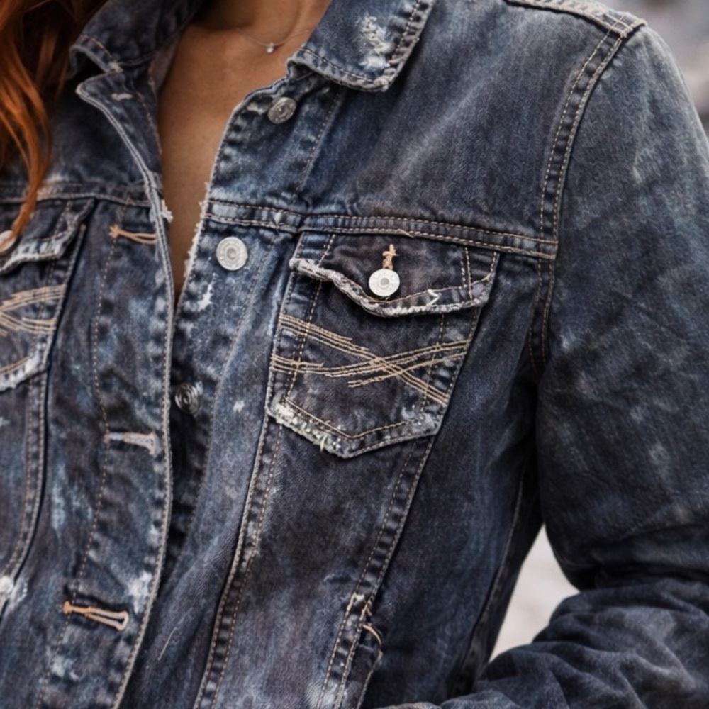 Rhinestone Inlaid Star Patched Upcycled Distressed Blue Black Denim Jean Jacket - Picture 12 of 12